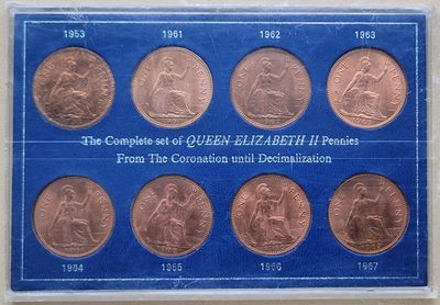 PTCW第九次拍卖--英联邦领土硬币、精制银币、纪念币，纸钞 - United Kingdom, One Pennies Collections 1953, 1961 - 1967 Total 8 Pennies. Not UNC