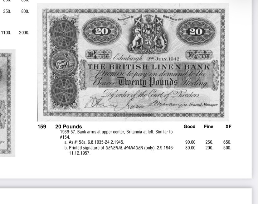 收藏联盟Quantum Auction 第254期拍卖  苏格兰英国亚麻银行1954年20镑 品相AU- 大票幅 珍品 