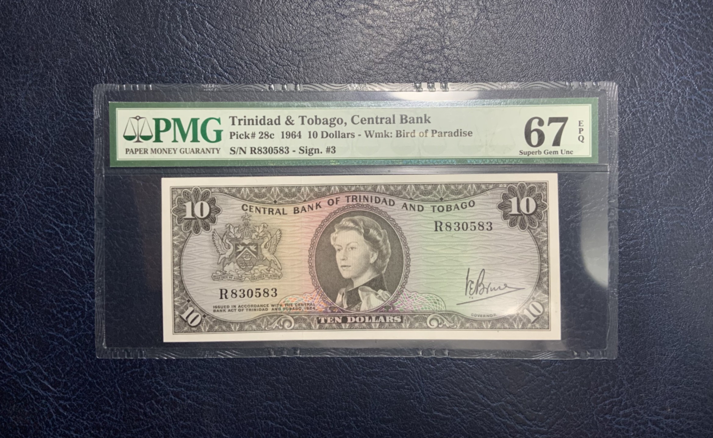 收藏联盟Quantum Auction 第255期拍卖  特立尼达岛多巴哥1964年10元 PMG67 次高面值 戎装女王 冠军分 逐年上涨品种