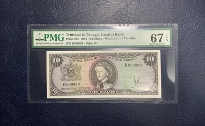 收藏联盟Quantum Auction 第255期拍卖  - 特立尼达岛多巴哥1964年10元 PMG67 次高面值 戎装女王 冠军分 逐年上涨品种