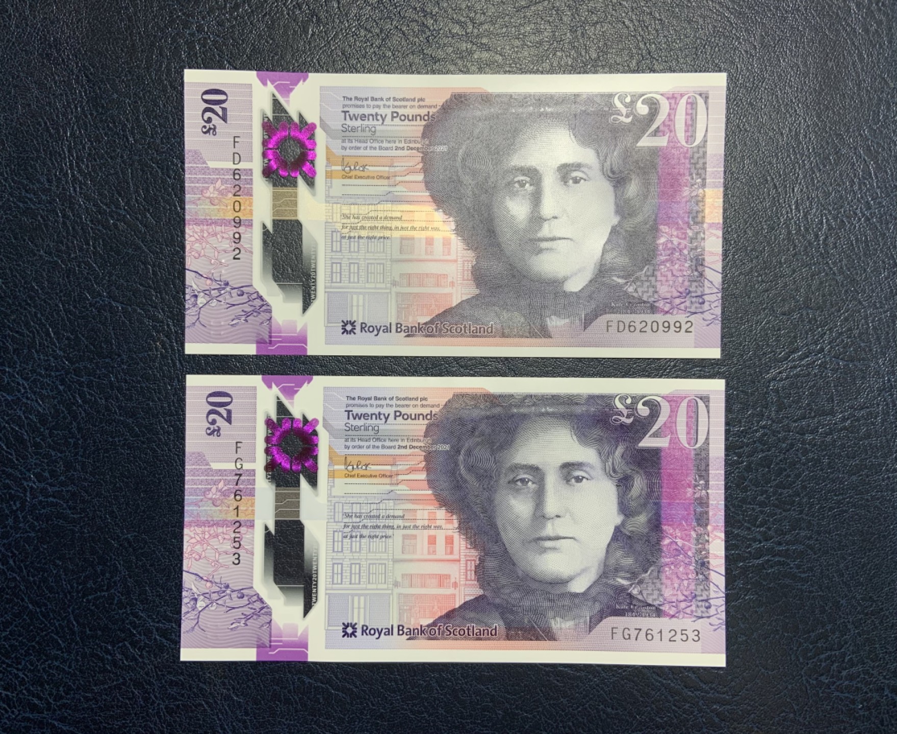 收藏联盟Quantum Auction 第255期拍卖  苏格兰皇家银行2021年20镑2张 品相全新UNC 苏格兰女企业家凯瑟琳.克雷斯顿 