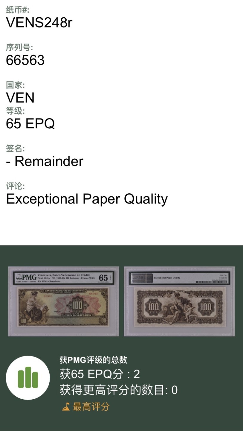 收藏联盟Quantum Auction 第255期拍卖  委瑞内拉1931-39年100玻利瓦尔 PMG65 冠军分 号码无47 华德路代印