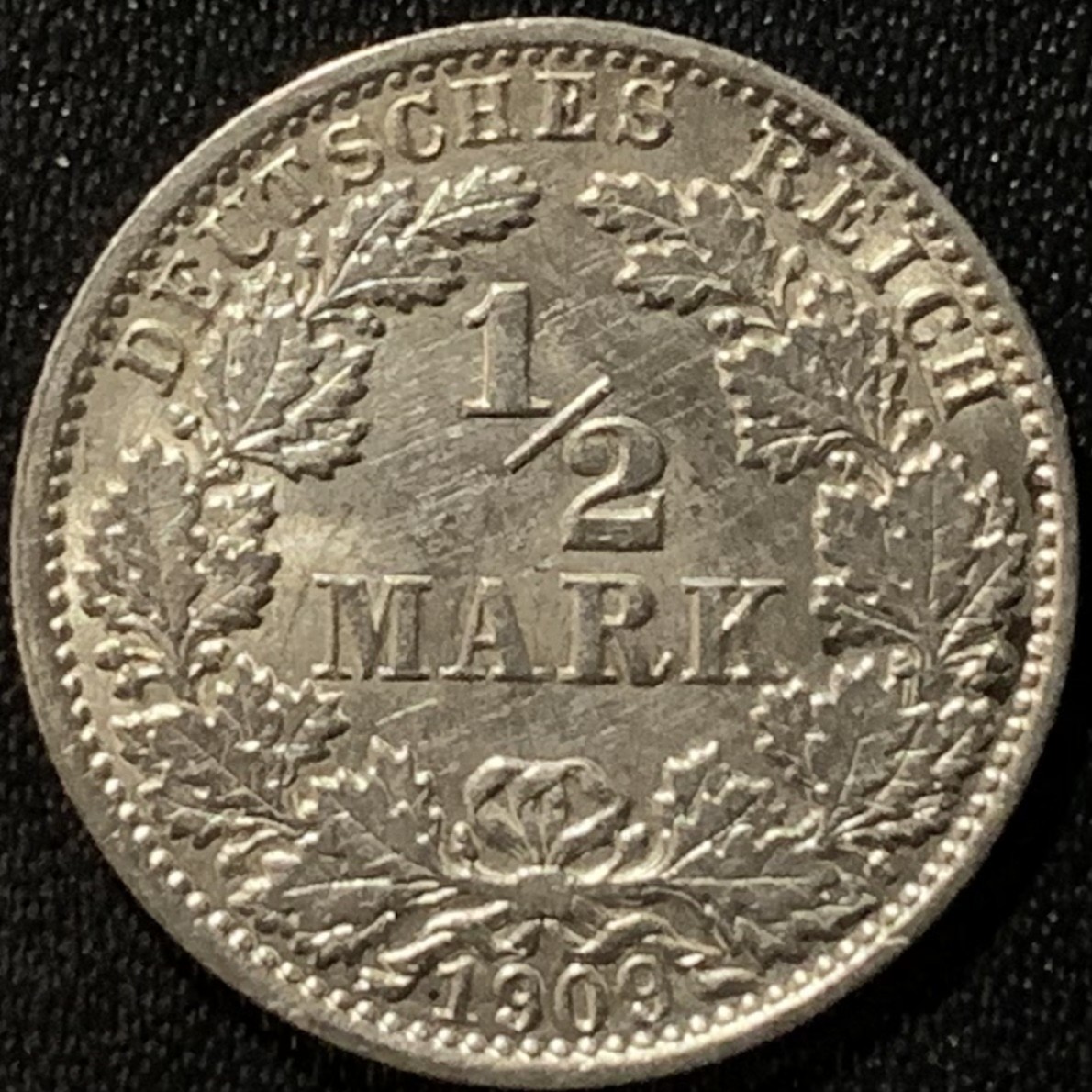 紫瑗钱币——第265期拍卖 德国 1909年 J版 第二帝国 1/2马克 银币 2.77克 0.9银