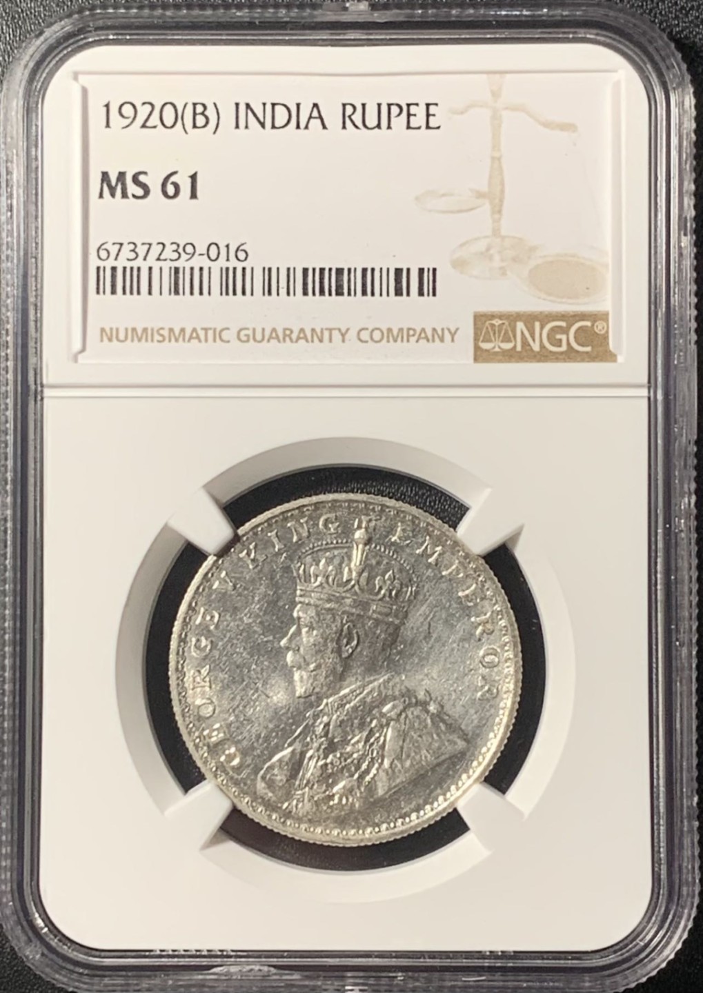 紫瑗钱币——第265期拍卖 英属印度 1920年 B版 乔治五世 1卢比 银币 NGC MS61