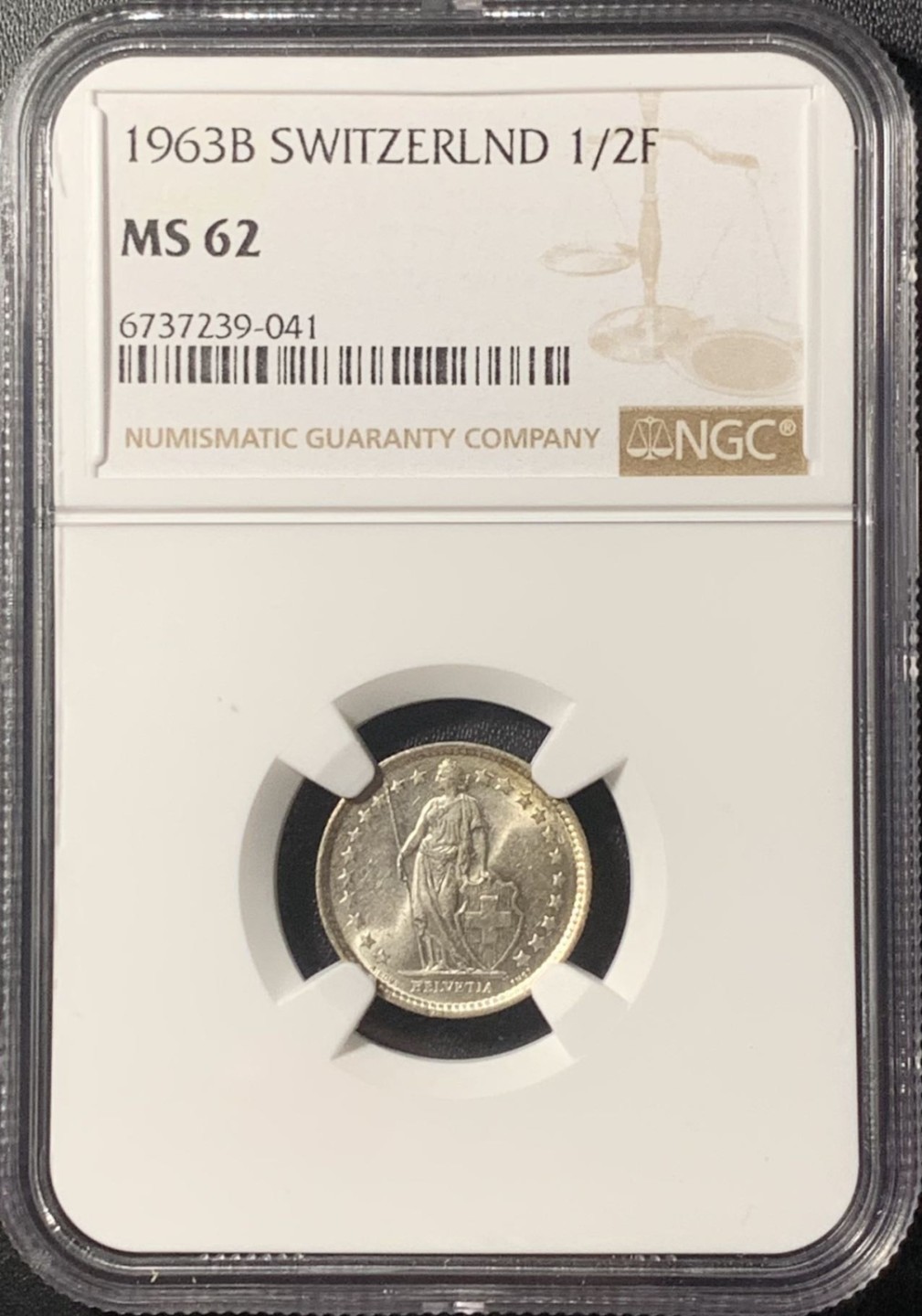 紫瑗钱币——第265期拍卖 瑞士 1963年 赫尔维蒂亚 1/2法郎 银币 NGC MS62