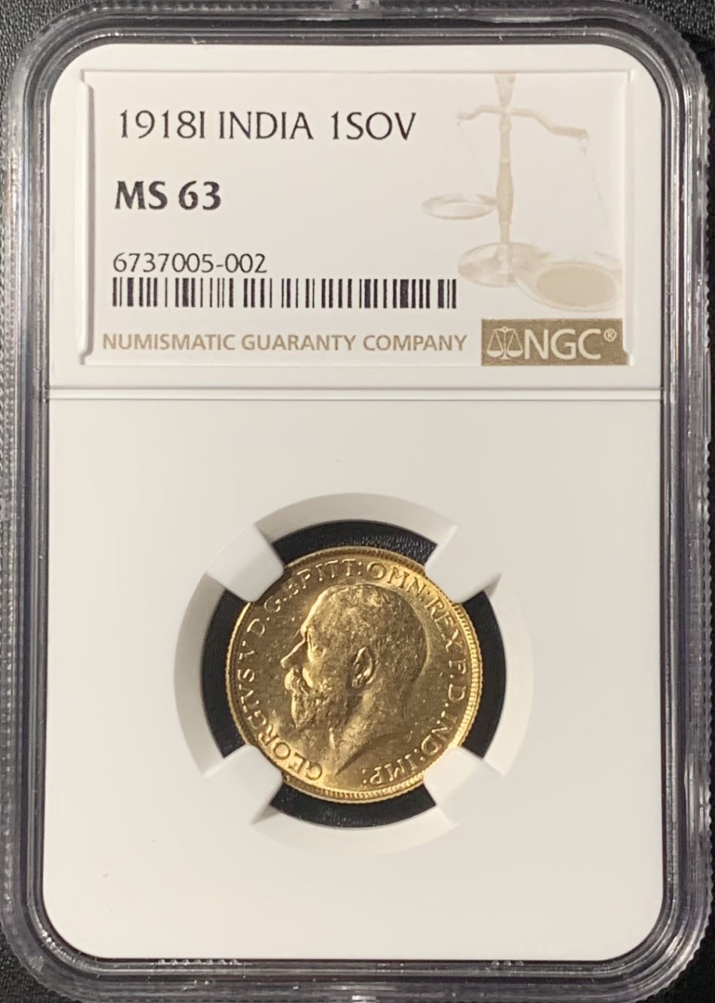 紫瑗钱币——第265期拍卖 印度 1918年 乔治五世 1索维林(磅) 金币 NGC MS63