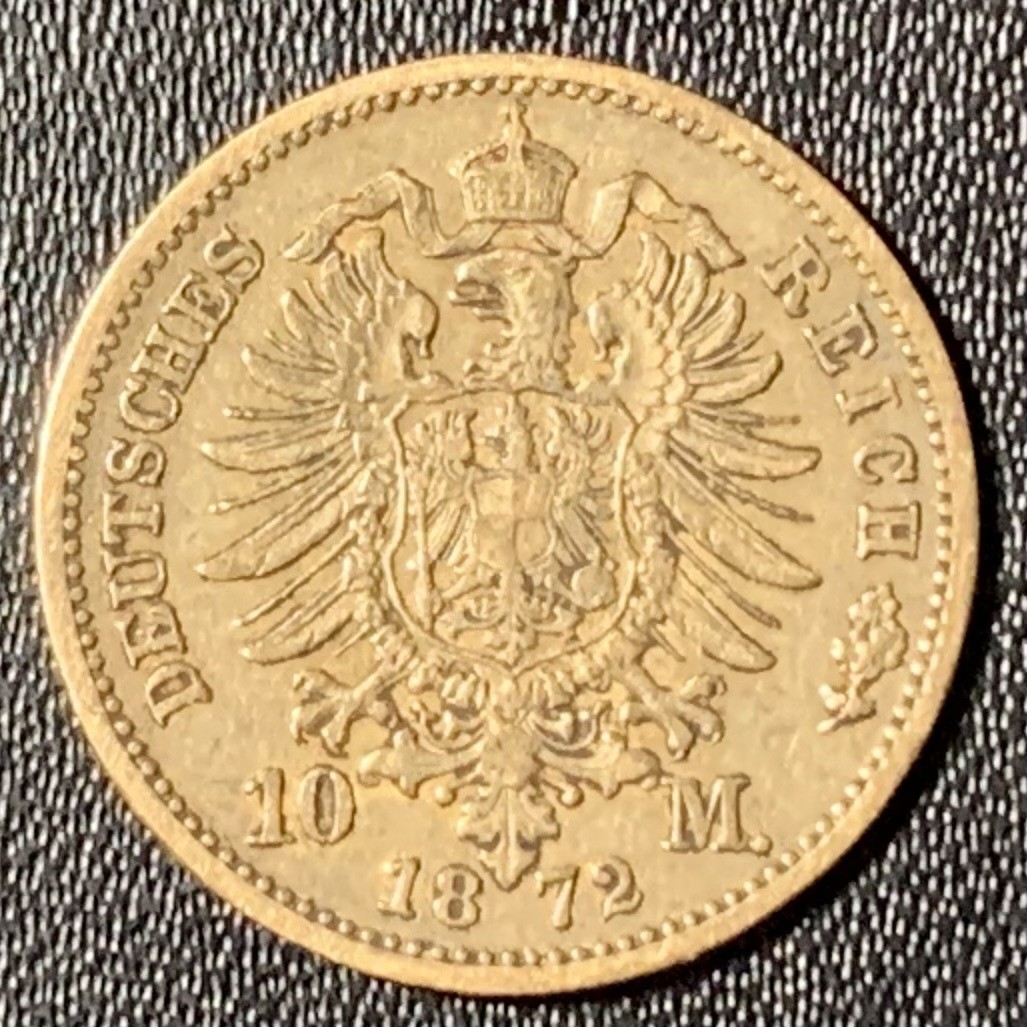 紫瑗钱币——第265期拍卖 德国 普鲁士 1872年 B版 威廉一世 10马克 3.98克 0.9金