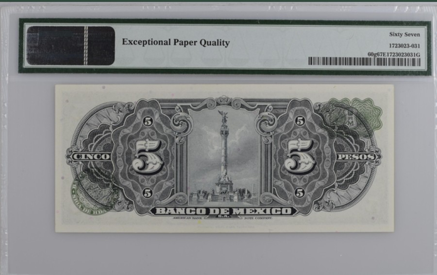 收藏联盟Quantum Auction 第256期拍卖  墨西哥1961年5比索 PMG67 号码无47 独立纪念碑