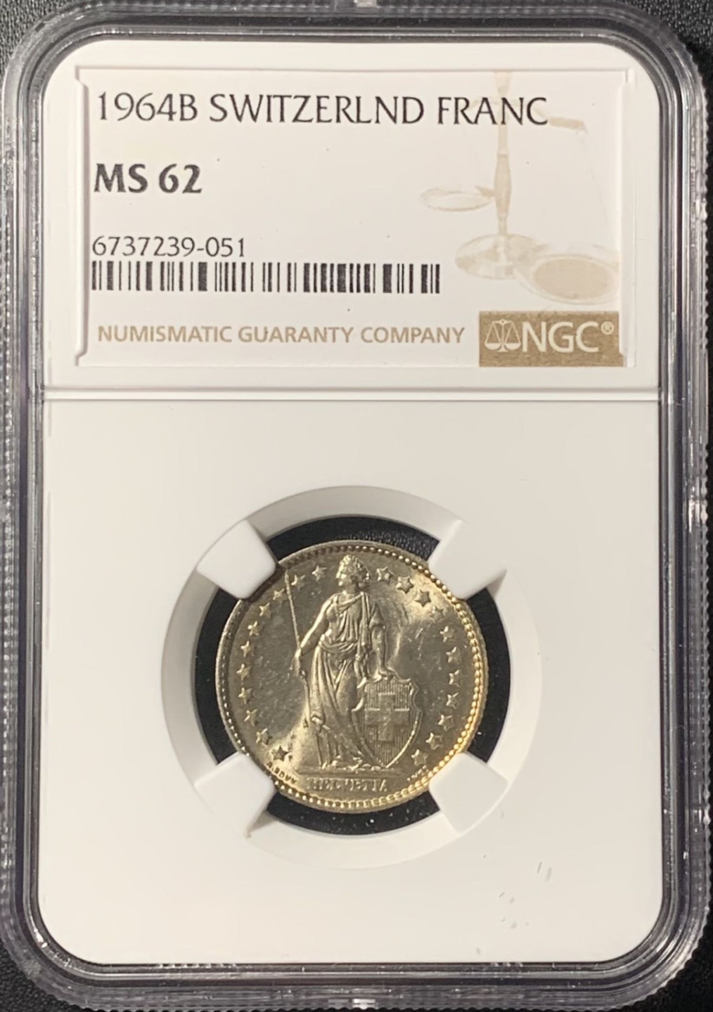 紫瑗钱币——第265期拍卖 瑞士 1964年 赫尔维蒂亚 1法郎 银币 NGC MS62