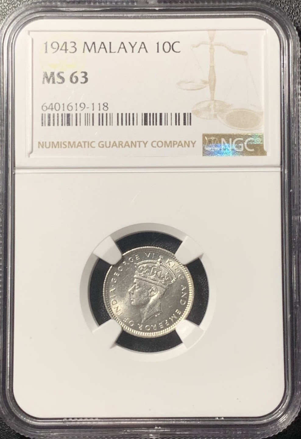 紫瑗钱币——第265期拍卖 马来亚 1943年 乔治六世 10分 银币 NGC MS63