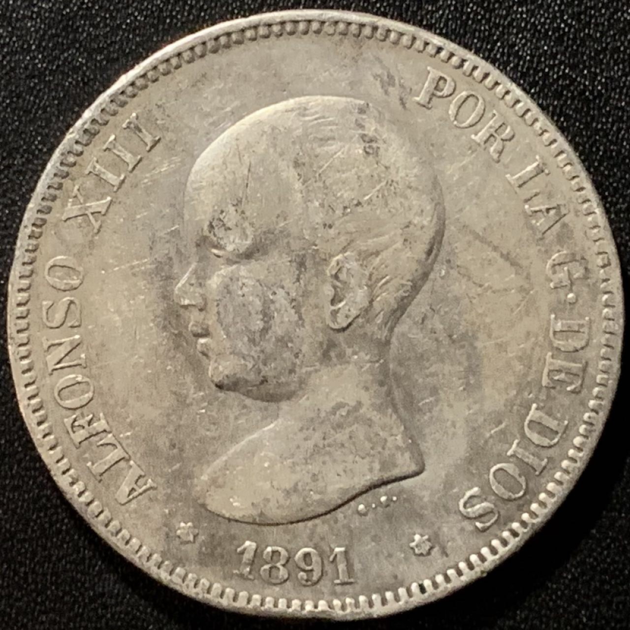 紫瑗钱币——第265期拍卖 西班牙 1891年 阿方索十三世 婴儿头 5比塞塔 25克 0.9银