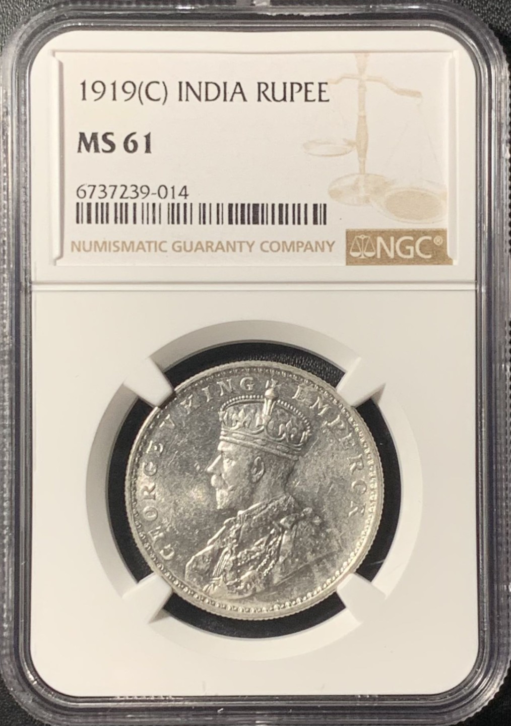 紫瑗钱币——第265期拍卖 英属印度 1919年 C版 乔治五世 1卢比 银币 NGC MS61