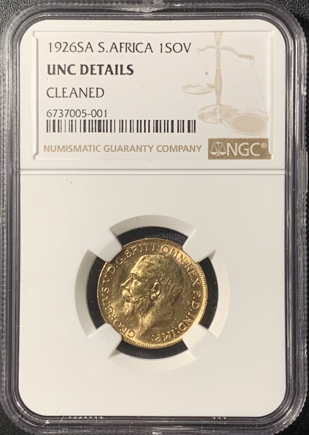 紫瑗钱币——第265期拍卖 南非 1926年 乔治五世 1索维林(磅) 金币 NGC UNC Detail