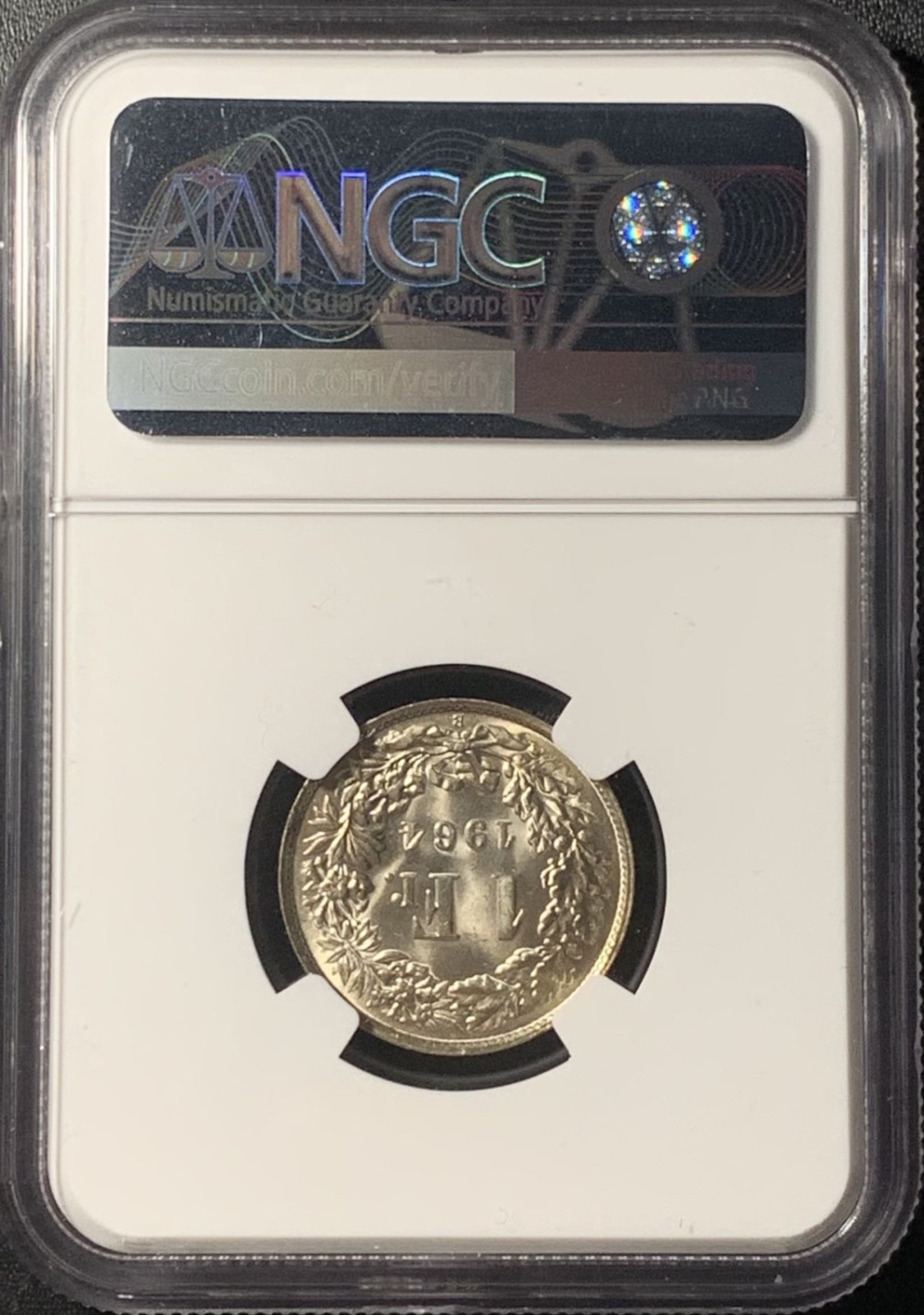 紫瑗钱币——第265期拍卖 瑞士 1964年 赫尔维蒂亚 1法郎 银币 NGC MS65