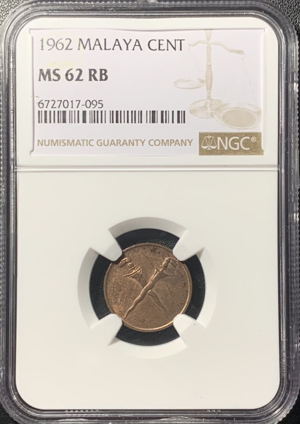 紫瑗钱币——第265期拍卖 马来亚 1962年 权杖 1分 铜币 NGC MS62 RB