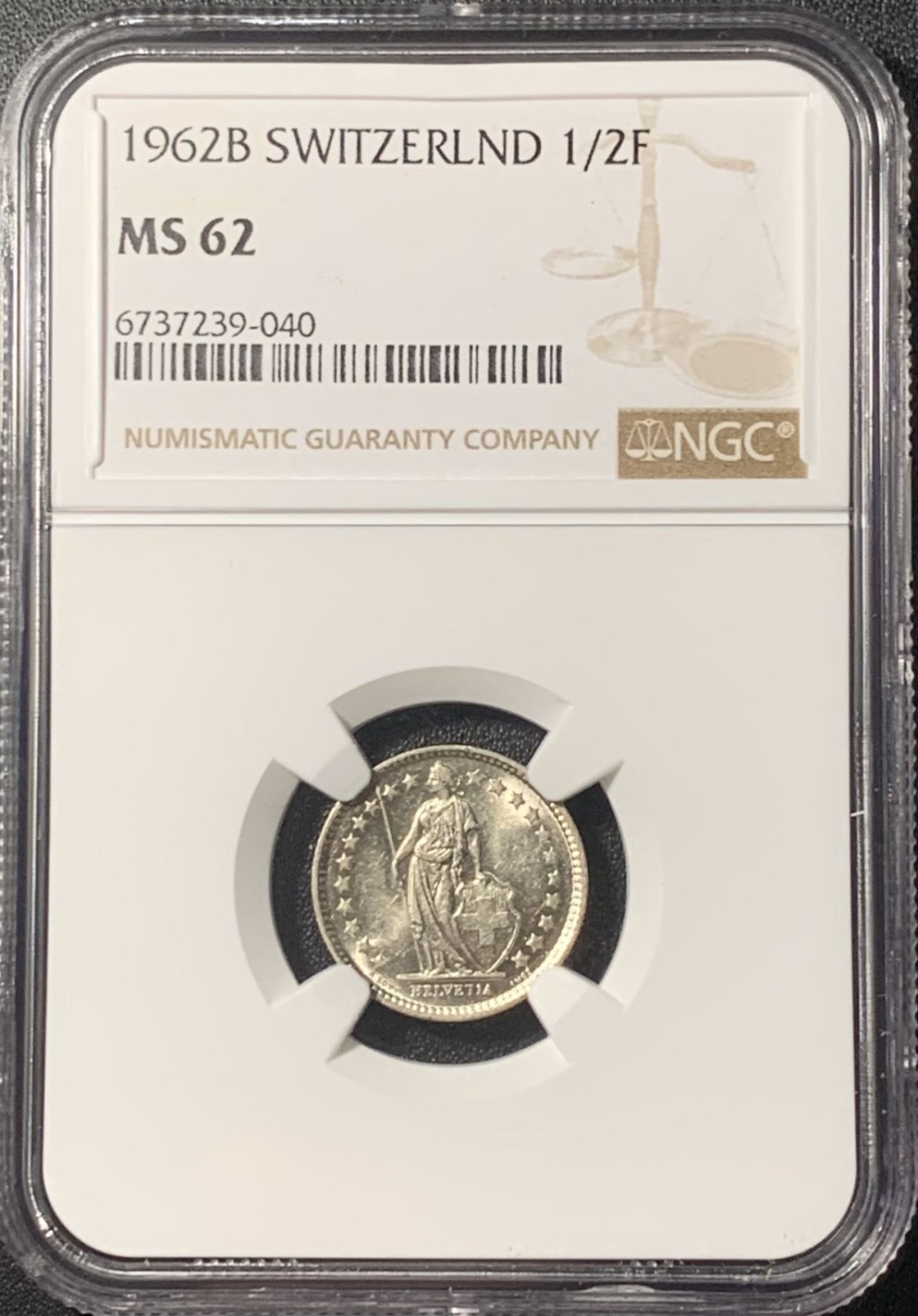 紫瑗钱币——第265期拍卖 瑞士 1962年 赫尔维蒂亚 1/2法郎 银币 NGC MS62