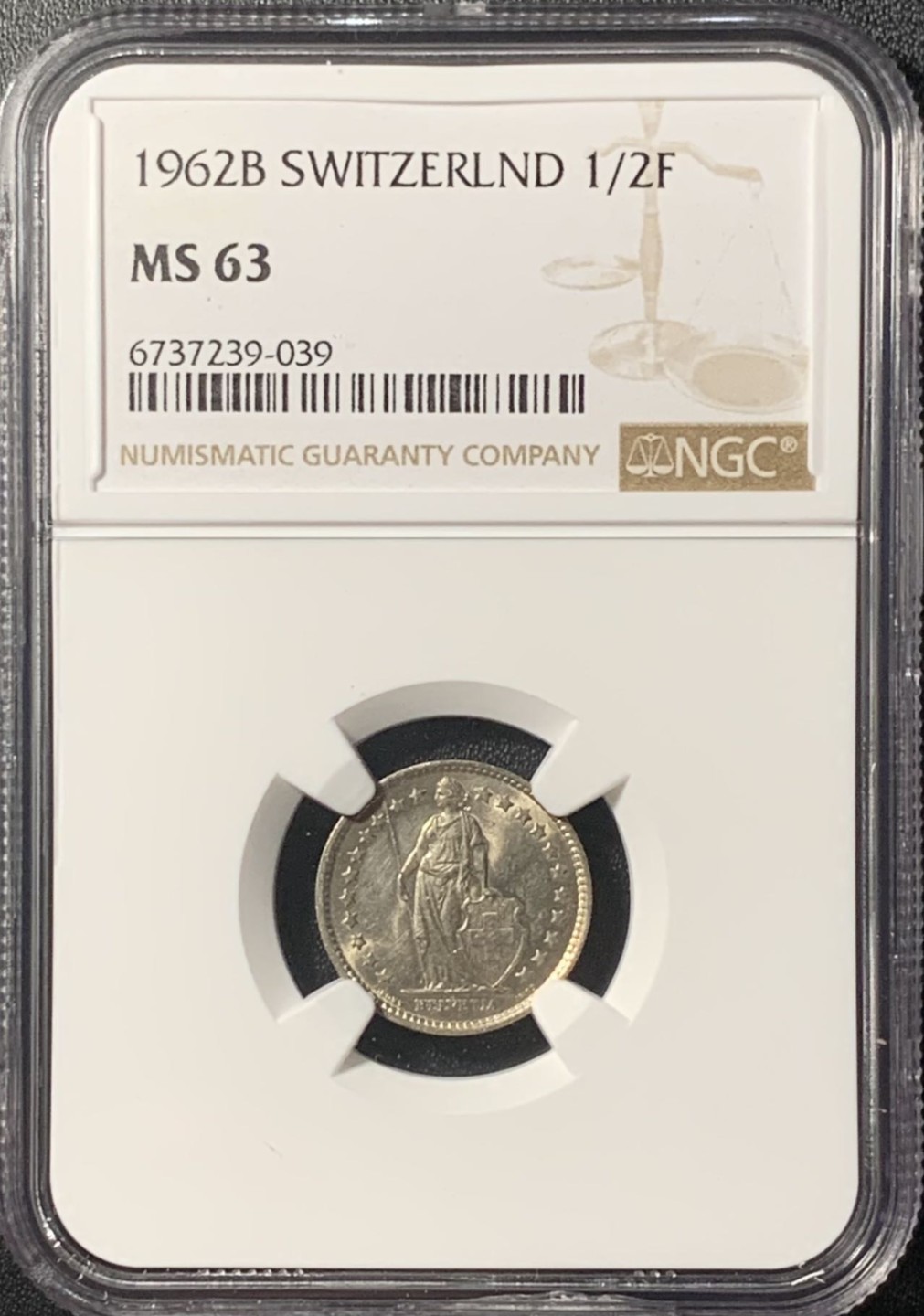 紫瑗钱币——第265期拍卖 瑞士 1962年 赫尔维蒂亚 1/2法郎 银币 NGC MS63