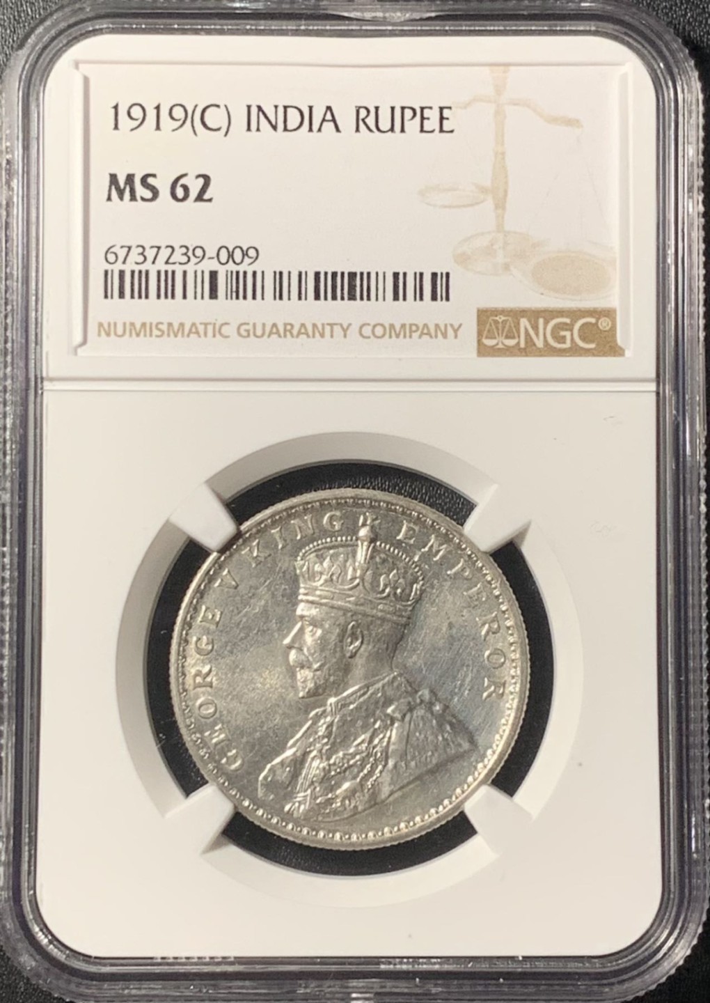 紫瑗钱币——第265期拍卖 英属印度 1919年 C版 乔治五世 1卢比 银币 NGC MS62