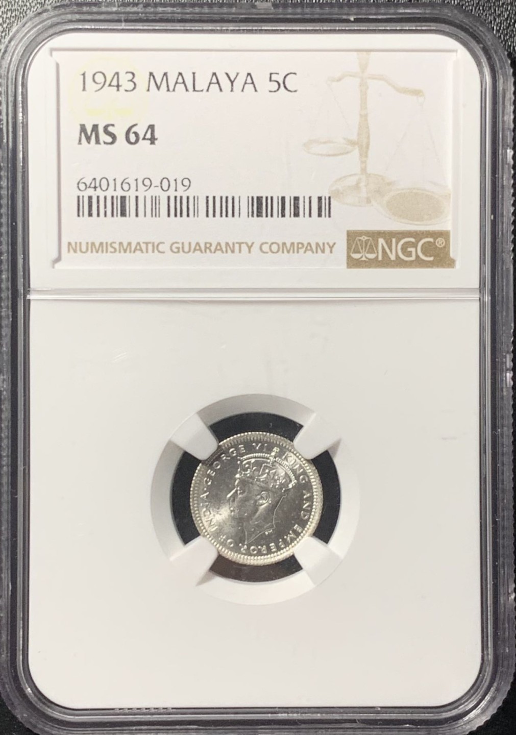 紫瑗钱币——第265期拍卖 马来亚 1943年 乔治六世 5分 银币 NGC MS64
