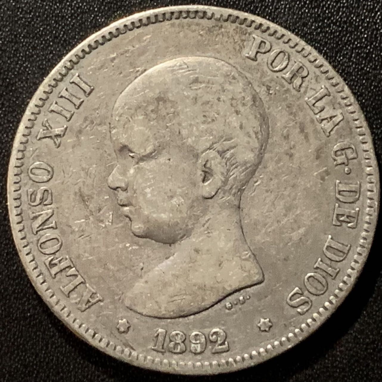 紫瑗钱币——第265期拍卖 西班牙 1892年 阿方索十三世 婴儿头 5比塞塔 25克 0.9银