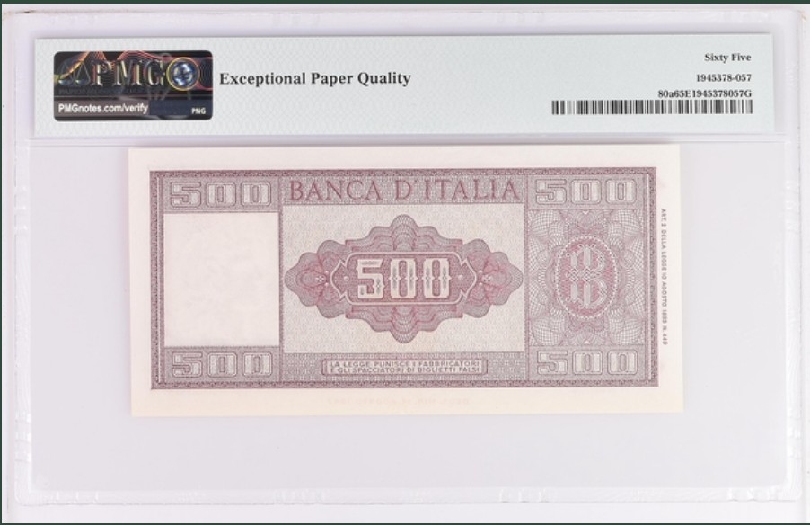收藏联盟Quantum Auction 第256期拍卖  意大利1947-48年500里拉 PMG65 初版 谷神