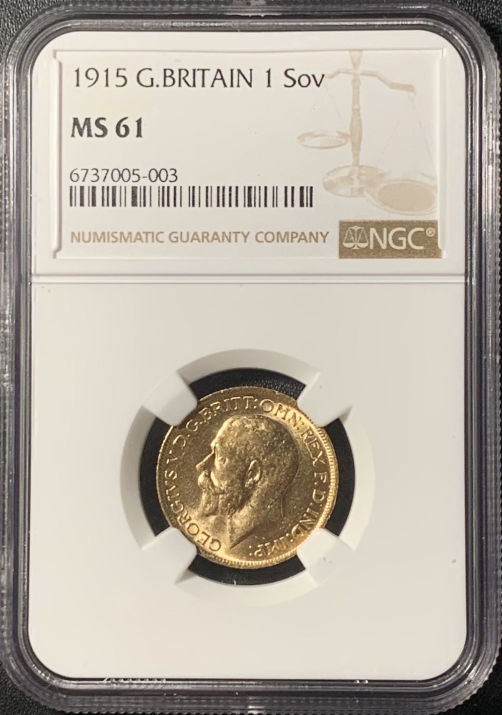 紫瑗钱币——第265期拍卖 英国 1915年 乔治五世 1索维林(磅) 金币 NGC MS61