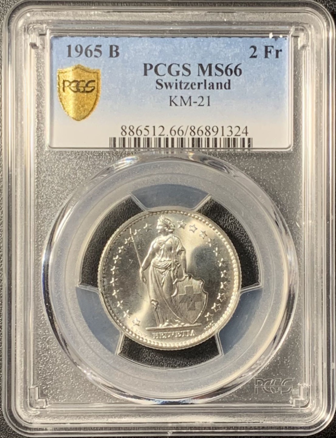 紫瑗钱币——第265期拍卖 瑞士 1965年 B版 赫尔维蒂亚 2法郎 银币 PCGS MS66