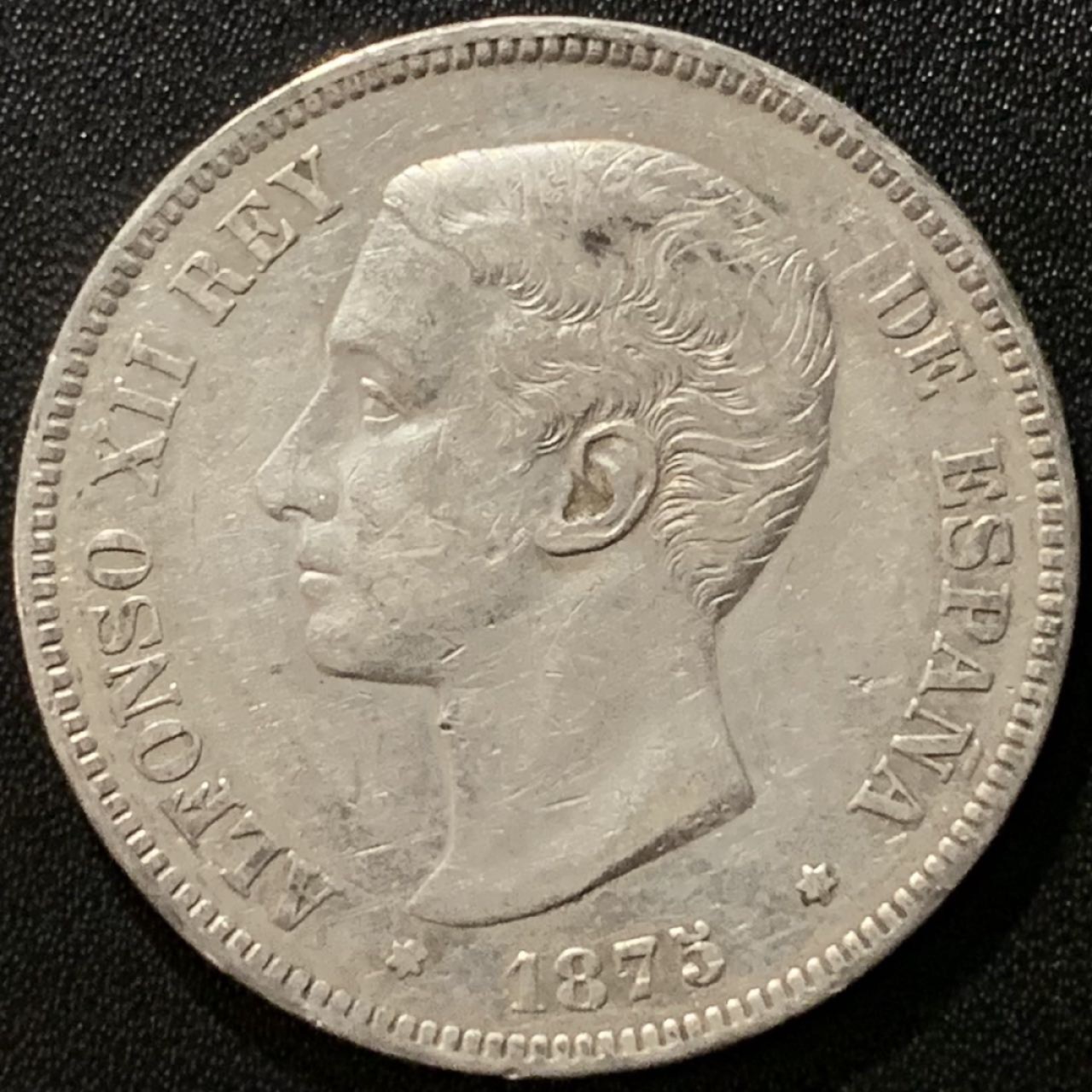 紫瑗钱币——第265期拍卖 西班牙 1875年 阿方索十二世 青年头像 5比塞塔 25克 0.9银