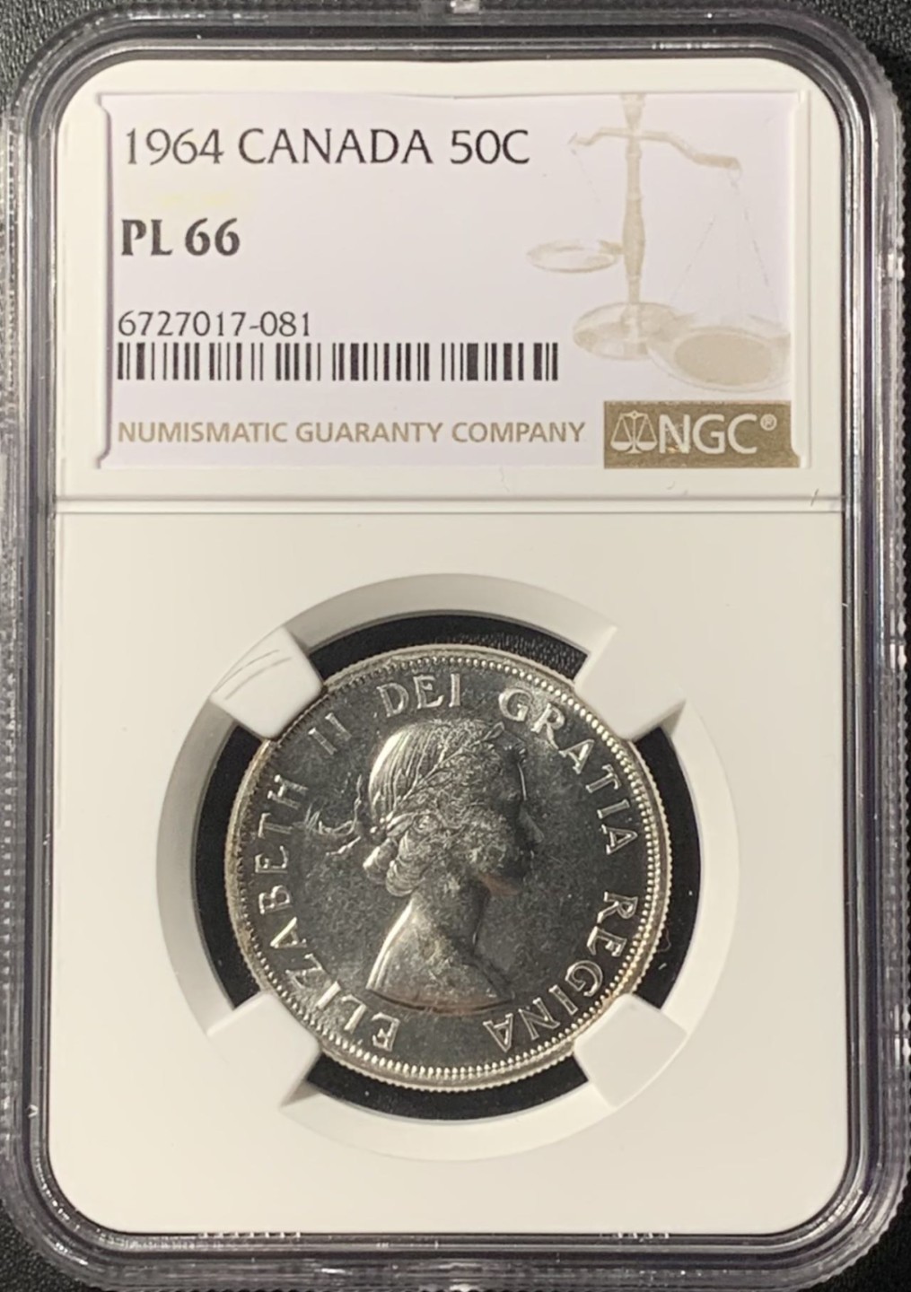 紫瑗钱币——第265期拍卖 加拿大 1964年 伊丽莎白二世 国徽 50分 银币 NGC PL66 类精制