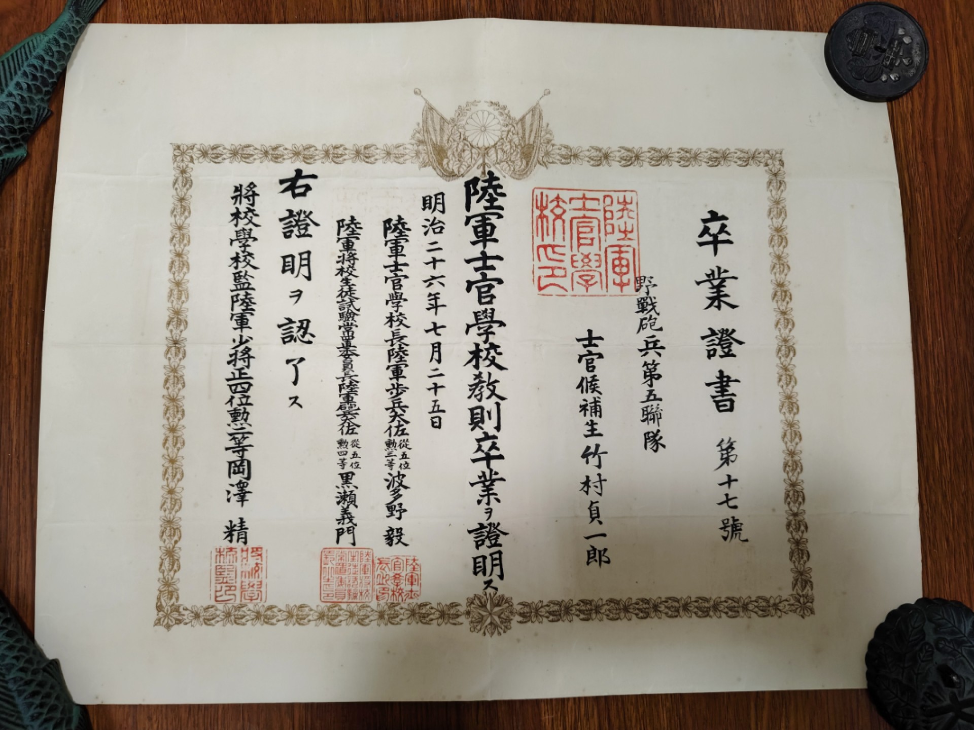 全场0元起拍 第53期 咸鱼国勋章拍卖专场 5月7日（周日）下午6：00开始 明治时期 竹村贞一郎 陆军士官学校毕业证书