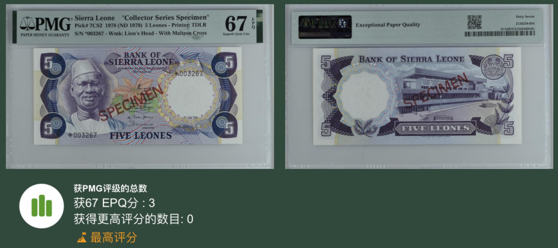 收藏联盟Quantum Auction 第256期拍卖  塞拉利昂1979年5里昂收藏样票 PMG67 冠军分