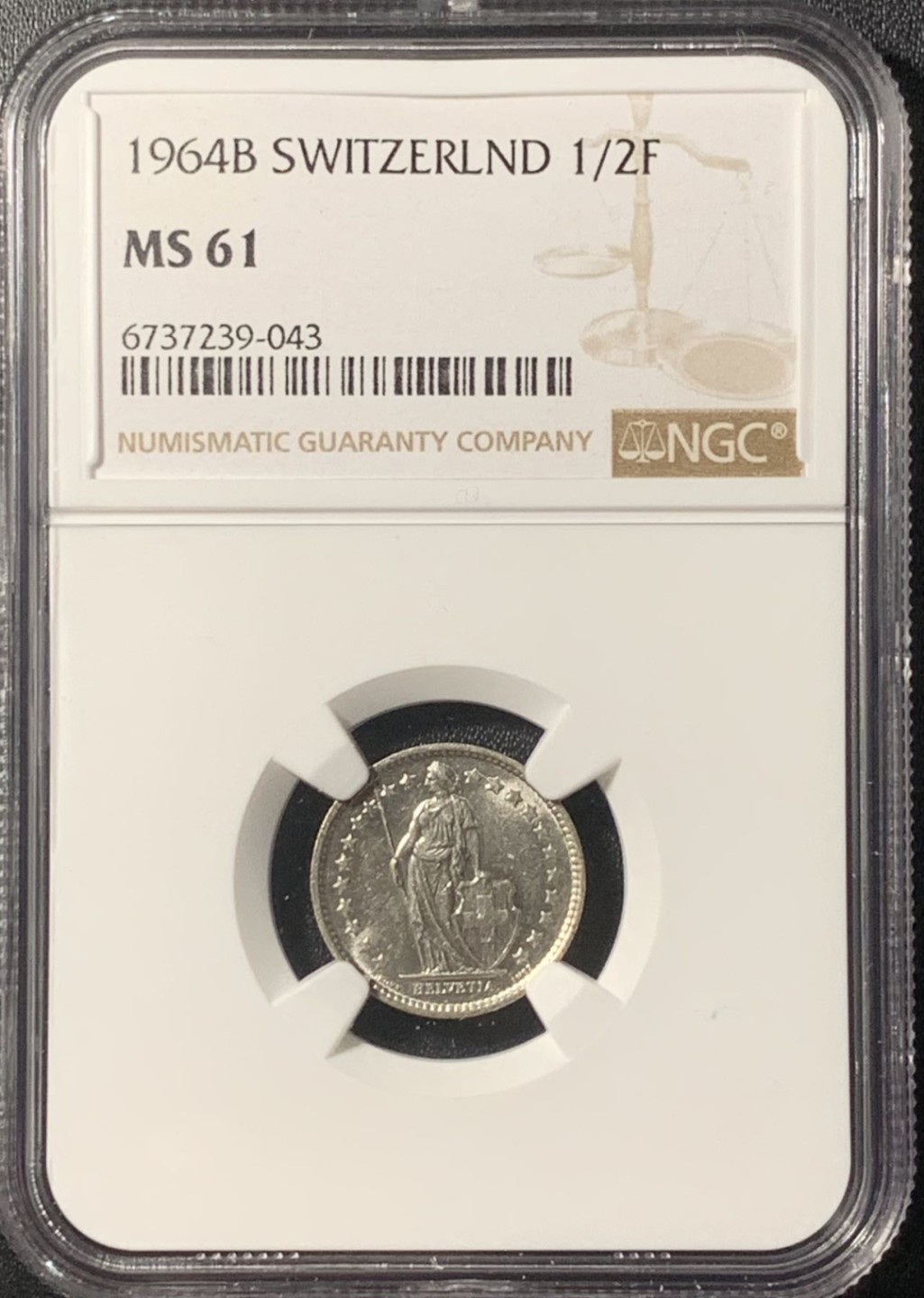 紫瑗钱币——第265期拍卖 瑞士 1962年 赫尔维蒂亚 1/2法郎 银币 NGC MS61