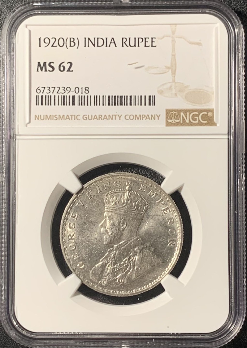 紫瑗钱币——第265期拍卖 英属印度 1920年 B版 乔治五世 1卢比 银币 NGC MS62