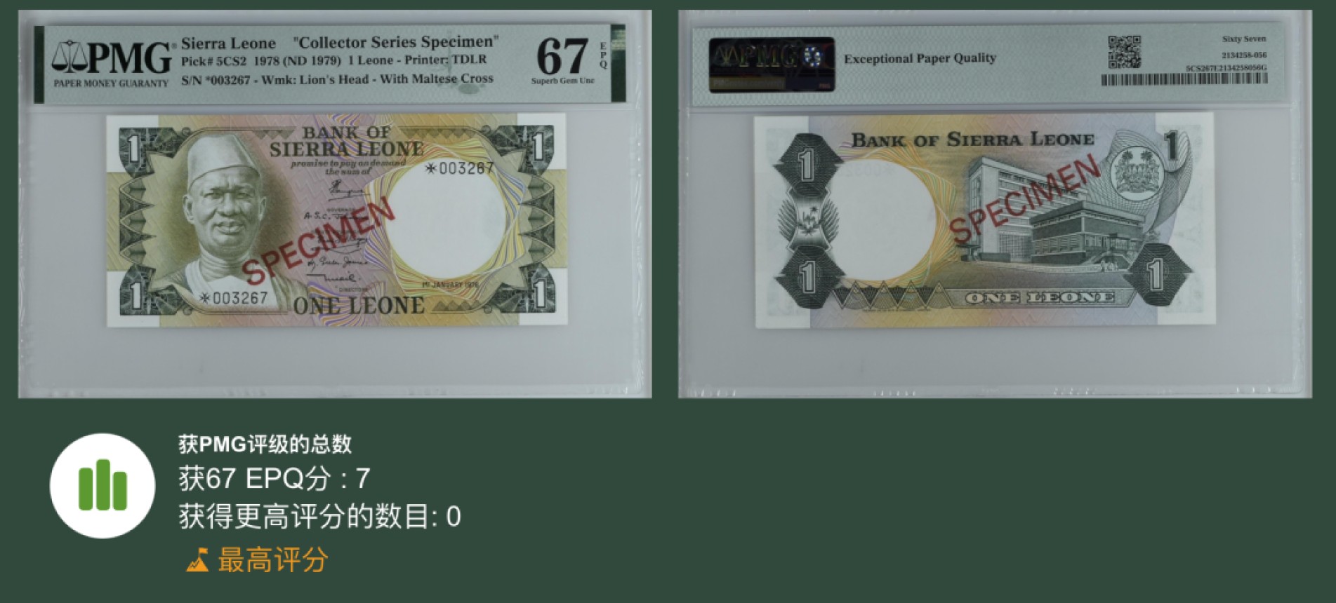 收藏联盟Quantum Auction 第256期拍卖  塞拉利昂1979年5里昂收藏样票 PMG67 冠军分