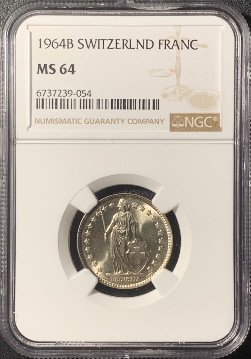 紫瑗钱币——第265期拍卖 瑞士 1964年 赫尔维蒂亚 1法郎 银币 NGC MS64