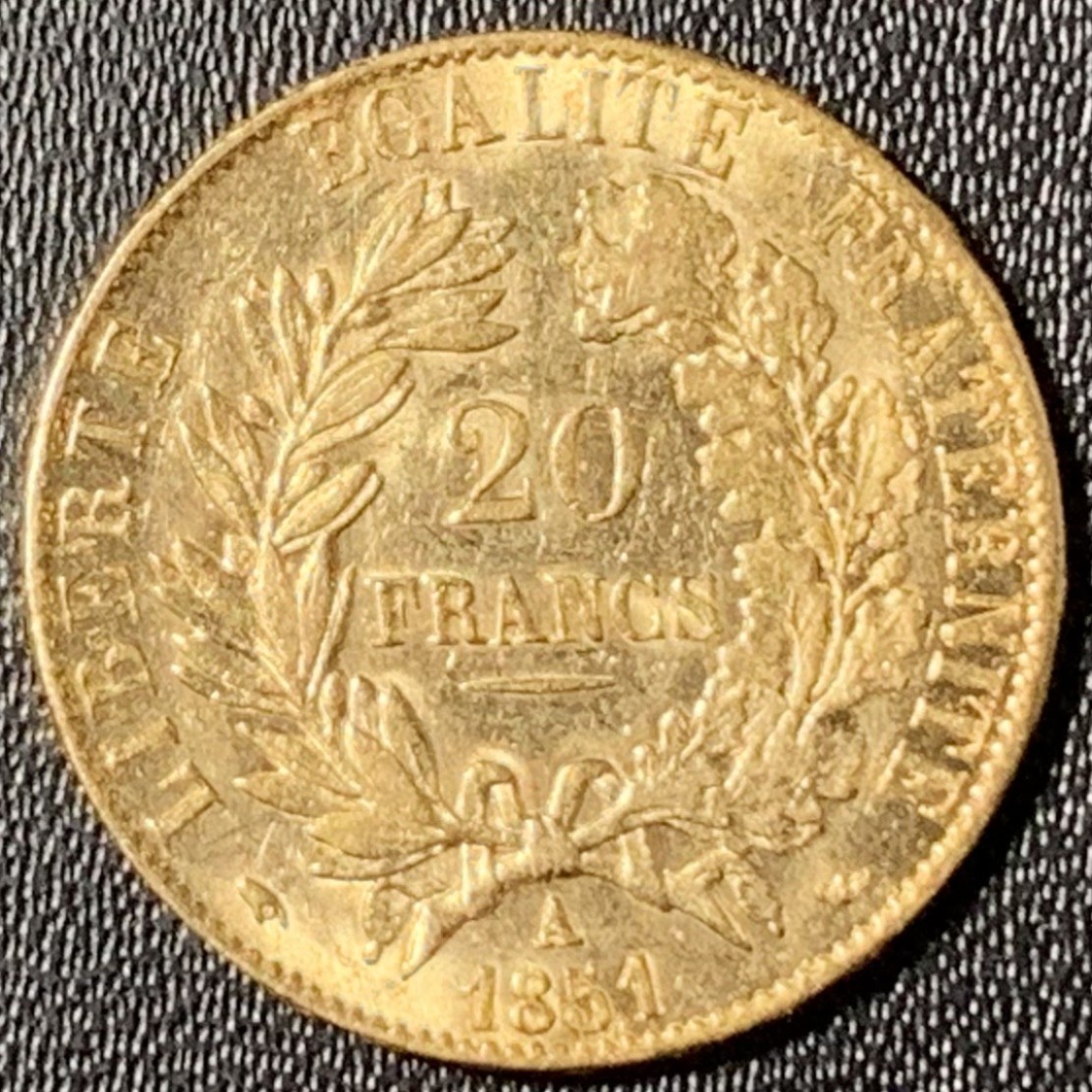 紫瑗钱币——第265期拍卖 法国 1851年 谷物女神 20法郎 6.45克 0.9金 AUNC