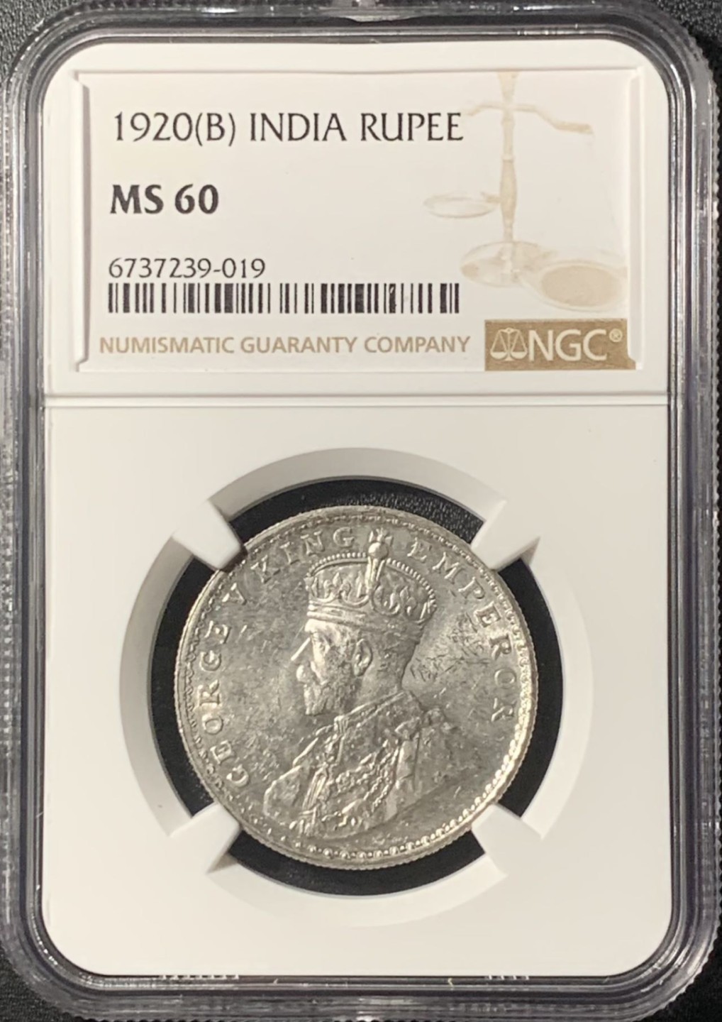 紫瑗钱币——第265期拍卖 英属印度 1920年 B版 乔治五世 1卢比 银币 NGC MS60