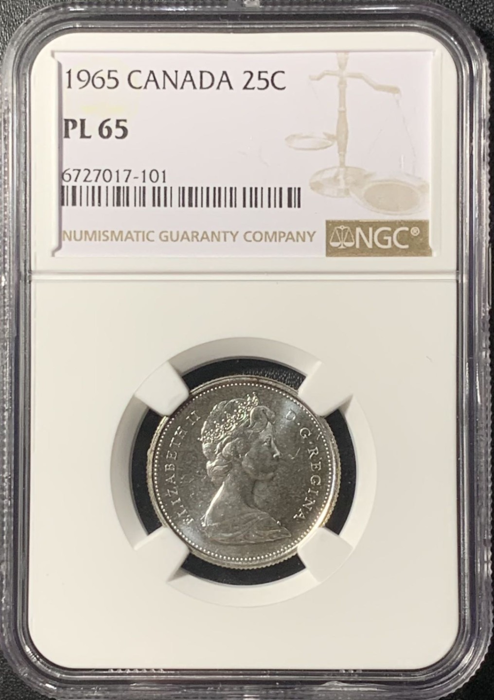 紫瑗钱币——第265期拍卖 加拿大 1965年 伊丽莎白二世 驯鹿 25分 银币 NGC PL65 类精制