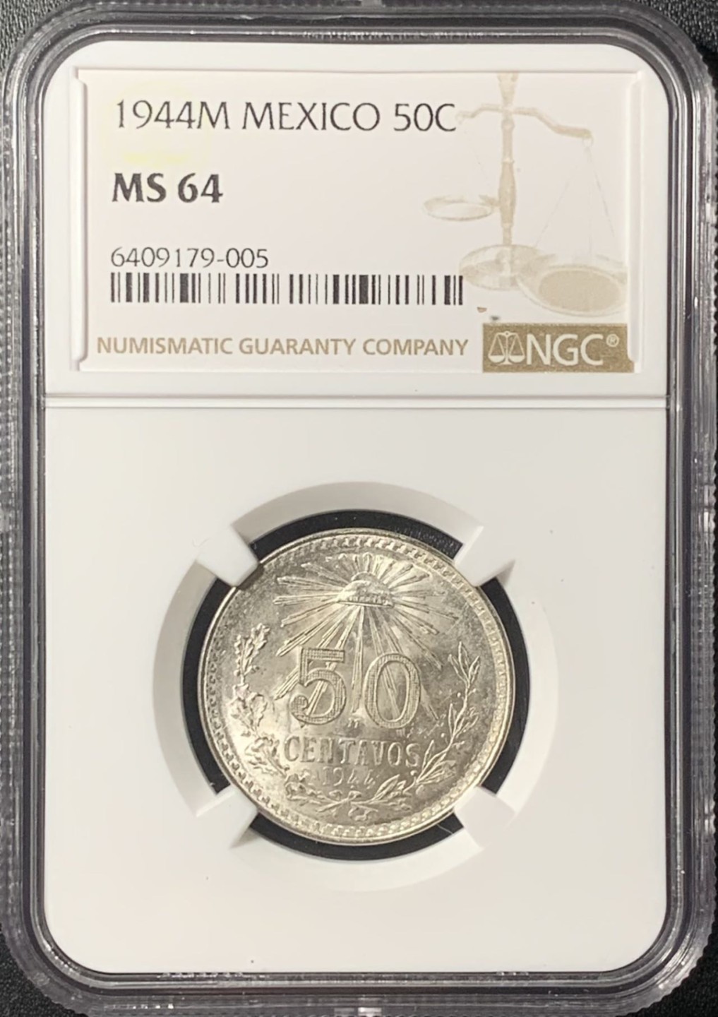 紫瑗钱币——第265期拍卖 墨西哥 1944年 M版 鹰洋 50分 银币 NGC MS64