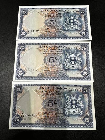 《外钞收藏家》第二百六十六期 - 乌干达5先令 三张一起 全新UNC