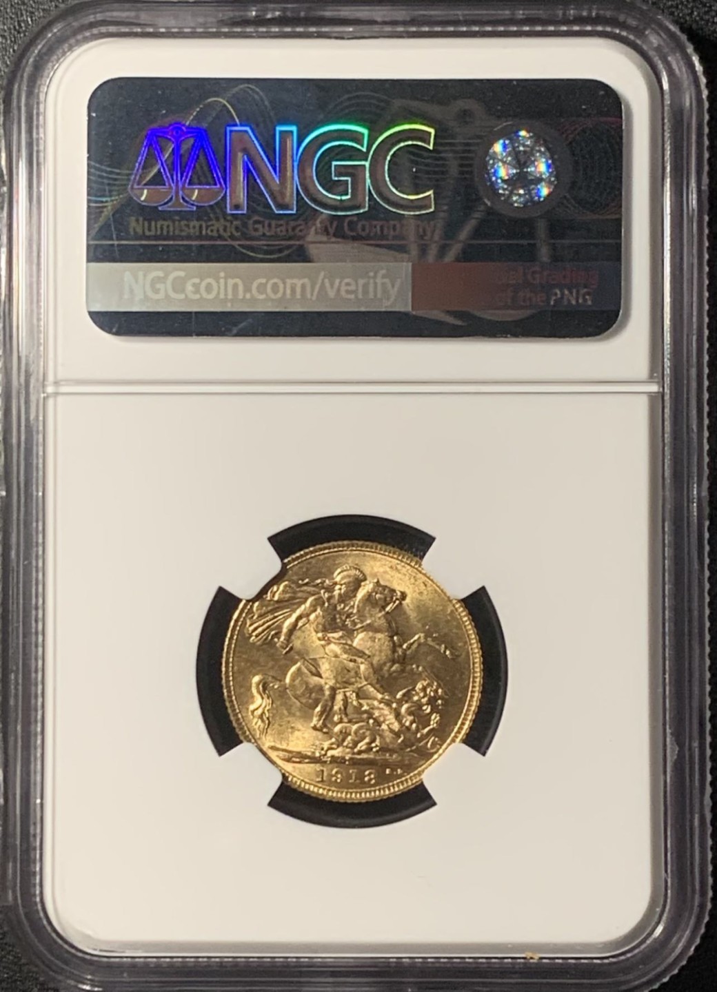 紫瑗钱币——第265期拍卖 印度 1918年 乔治五世 1索维林(磅) 金币 NGC MS63