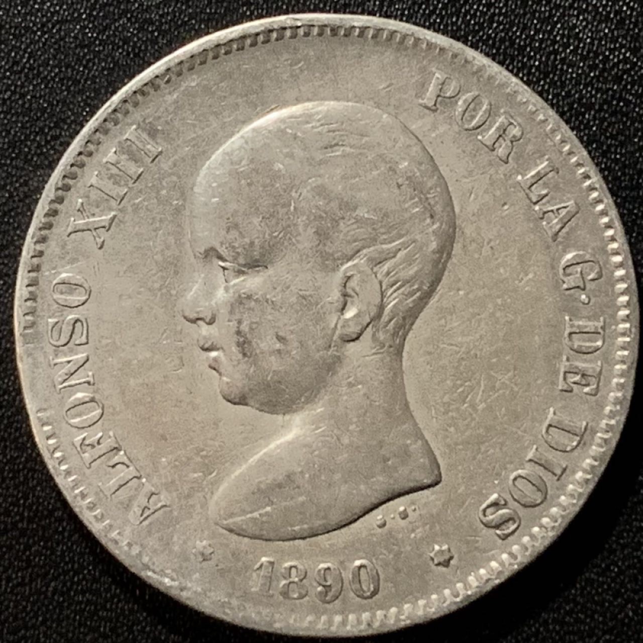 紫瑗钱币——第265期拍卖 西班牙 1890年 阿方索十三世 婴儿头 5比塞塔 25克 0.9银