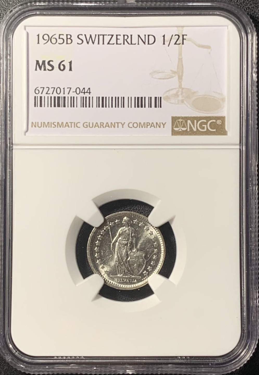 紫瑗钱币——第265期拍卖 瑞士 1962年 赫尔维蒂亚 1/2法郎 银币 NGC MS61