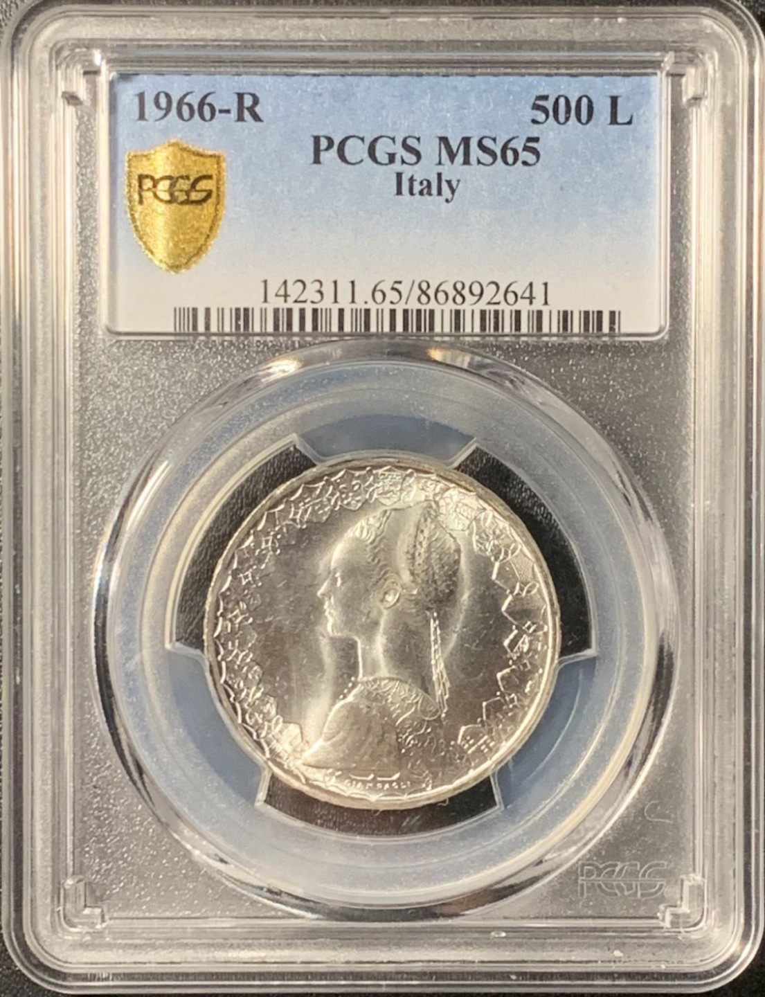 紫瑗钱币——第265期拍卖 意大利 1966年 少女与帆船 500里拉 银币 PCGS MS65