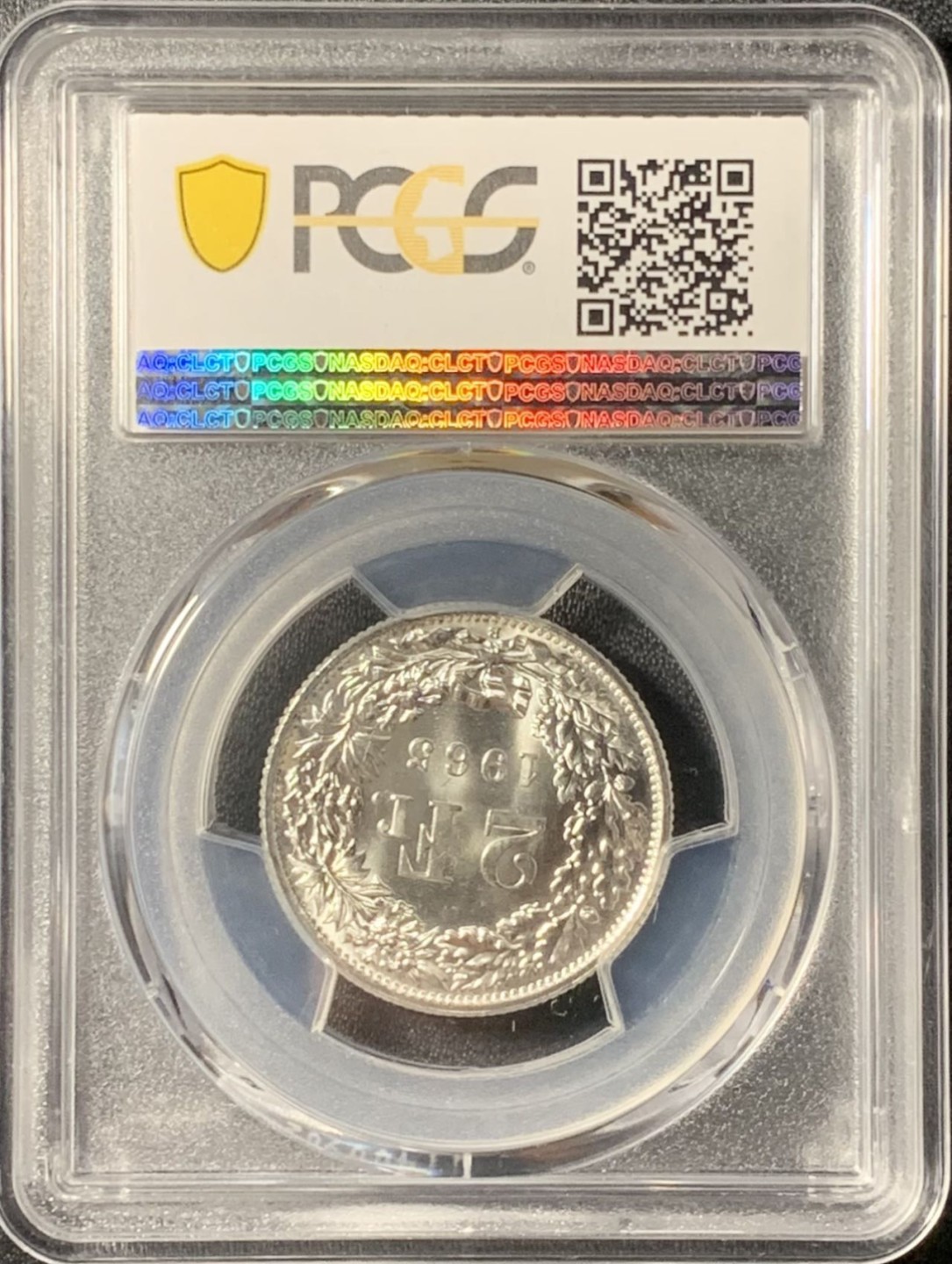 紫瑗钱币——第265期拍卖 瑞士 1965年 B版 赫尔维蒂亚 2法郎 银币 PCGS MS66