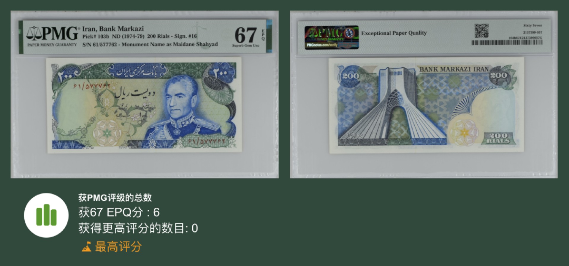 收藏联盟Quantum Auction 第256期拍卖  伊朗1974-79年200里亚尔 PMG67 冠军分 豹子号身