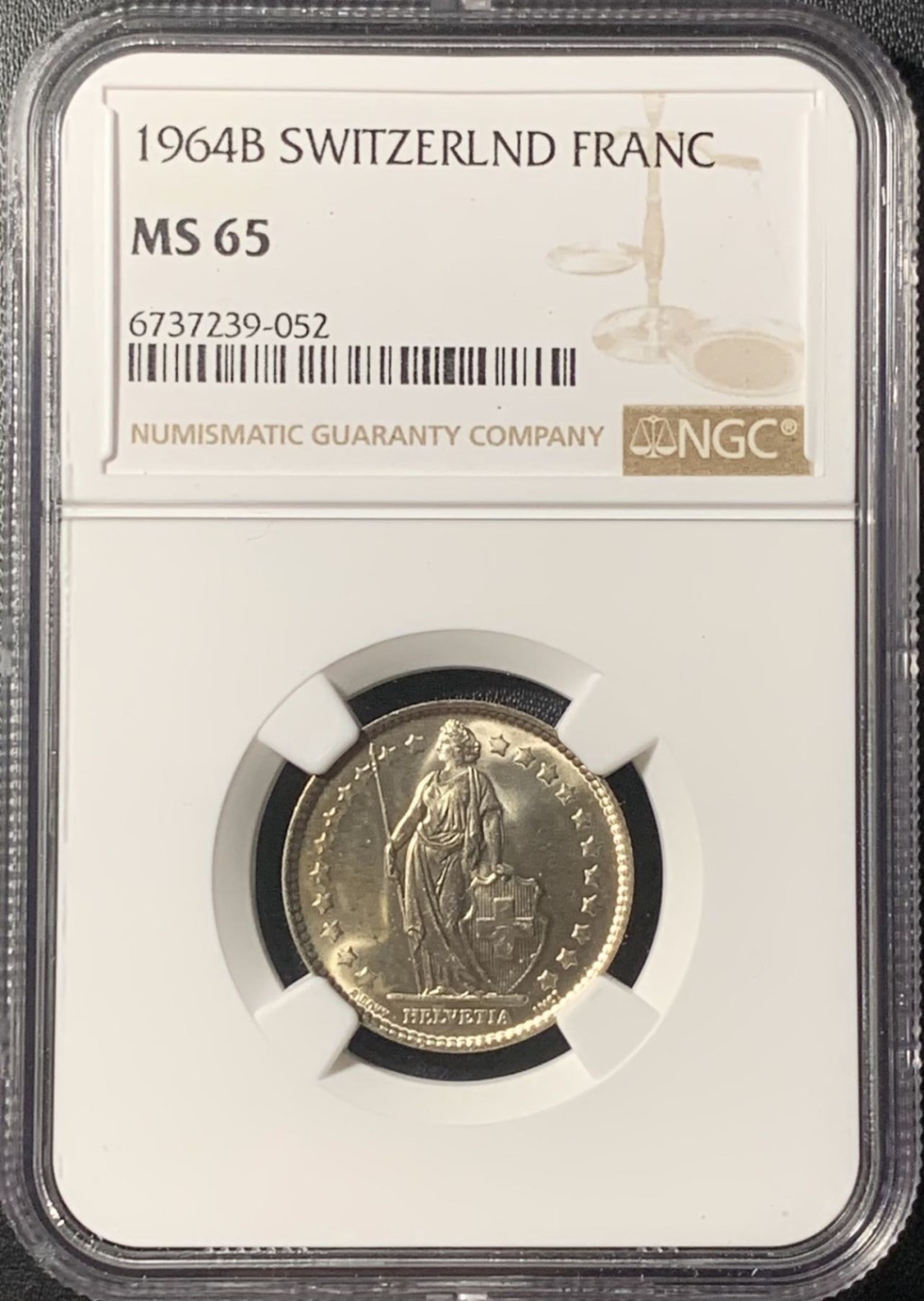 紫瑗钱币——第265期拍卖 瑞士 1964年 赫尔维蒂亚 1法郎 银币 NGC MS65