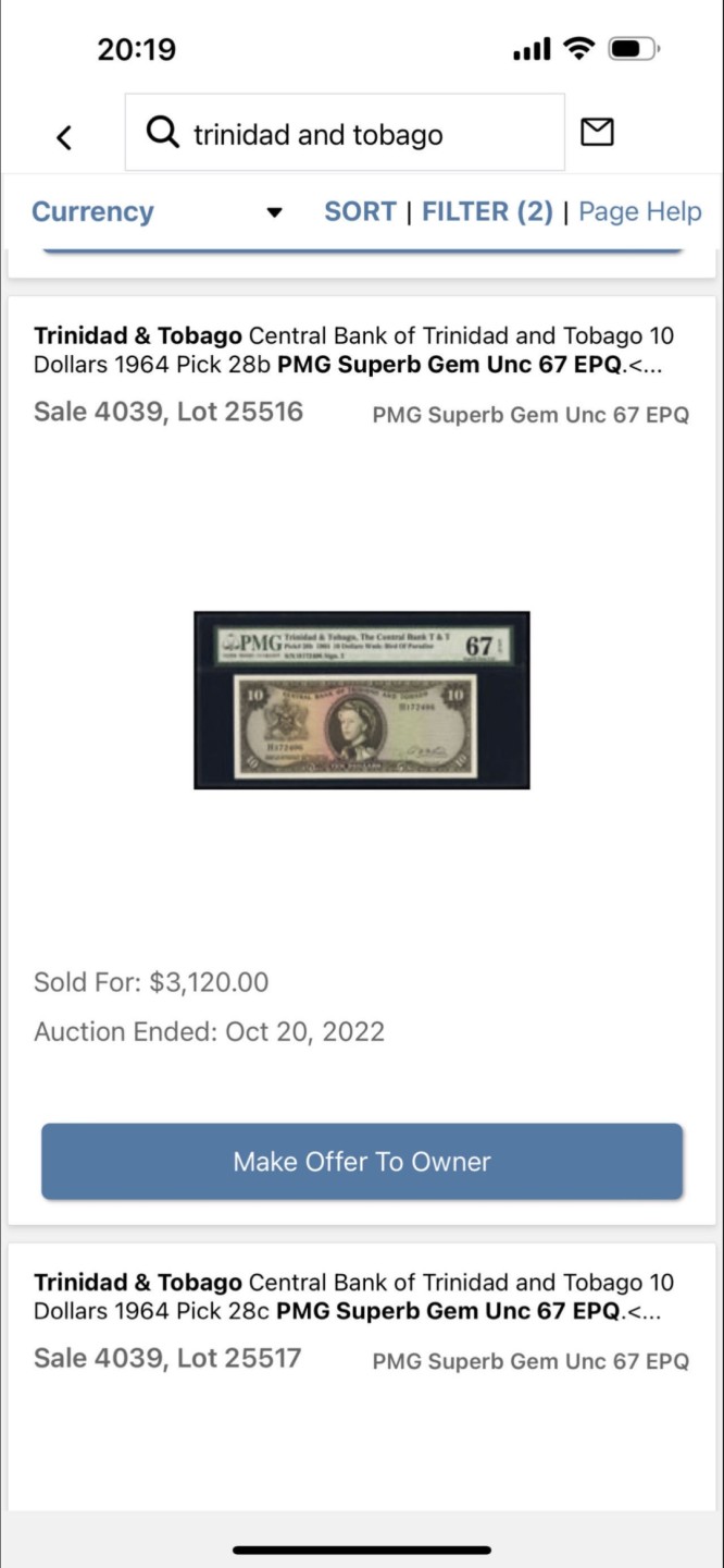 收藏联盟Quantum Auction 第255期拍卖  特立尼达岛多巴哥1964年10元 PMG67 次高面值 戎装女王 冠军分 逐年上涨品种