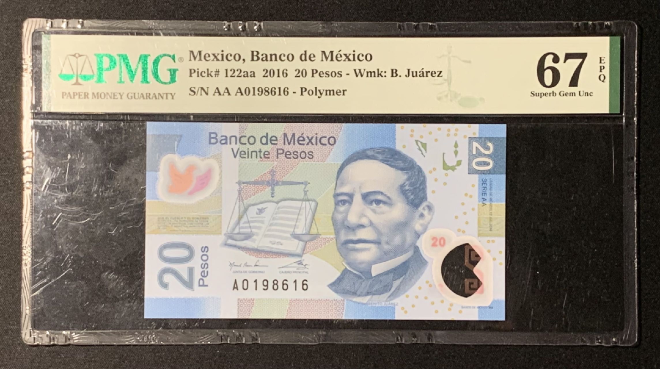 紫瑗钱币——第266期拍卖——纸币场 墨西哥 2016年 AA 20比索 PMG 67 EPQ （P-122aa）