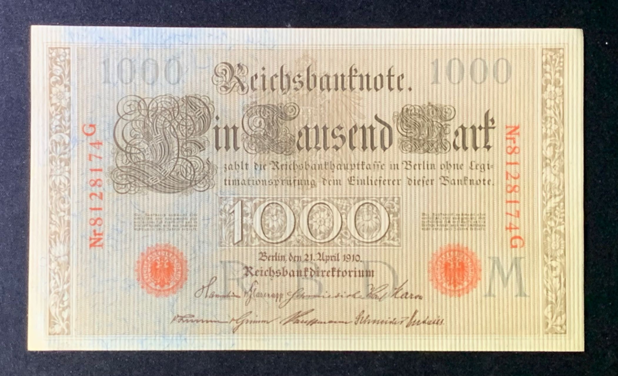 紫瑗钱币——第266期拍卖——纸币场 德国 1910年 德意志帝国 1000马克 红印 大票幅 UNC